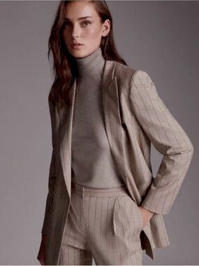 XS/S Massimo Dutti Blazer Wool Long lightweight Women's Beige Pinstripe Sz 2